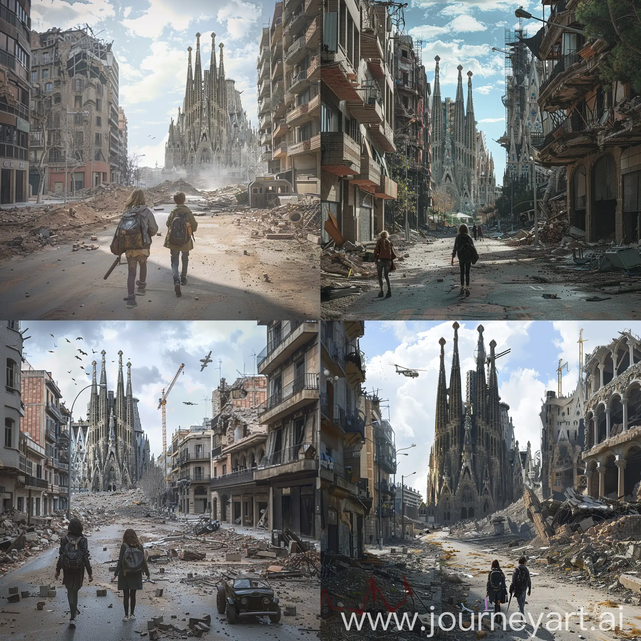 PostApocalyptic-Stroll-Teens-Amidst-Ruined-Barcelona-Landscape