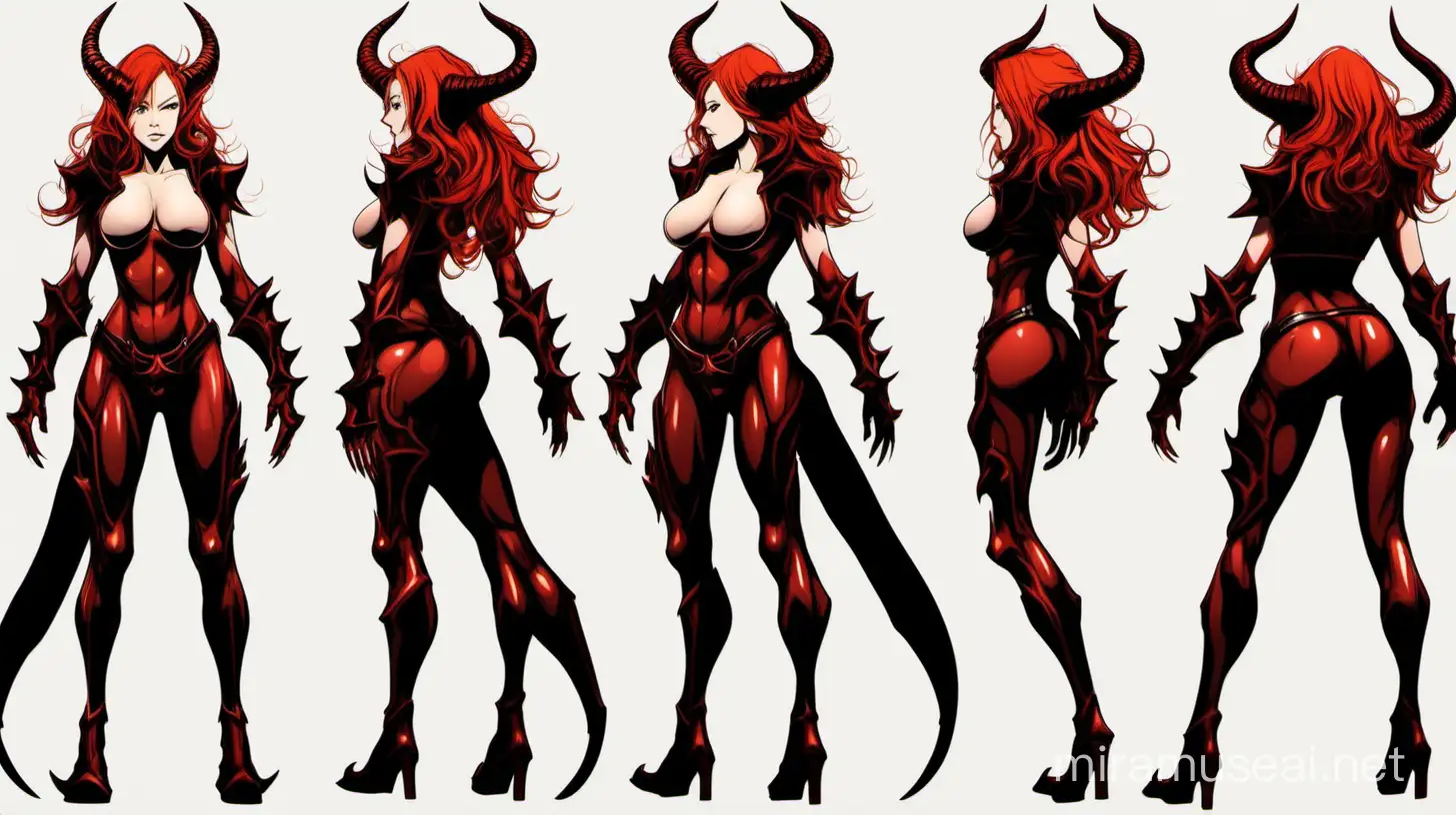 beautiful woman, flaming red hair and demon horns, in hide armor, stretched tight over breasts, show whole body, standing pose, character turnaround sheet, one outfit, front view, side view, back view