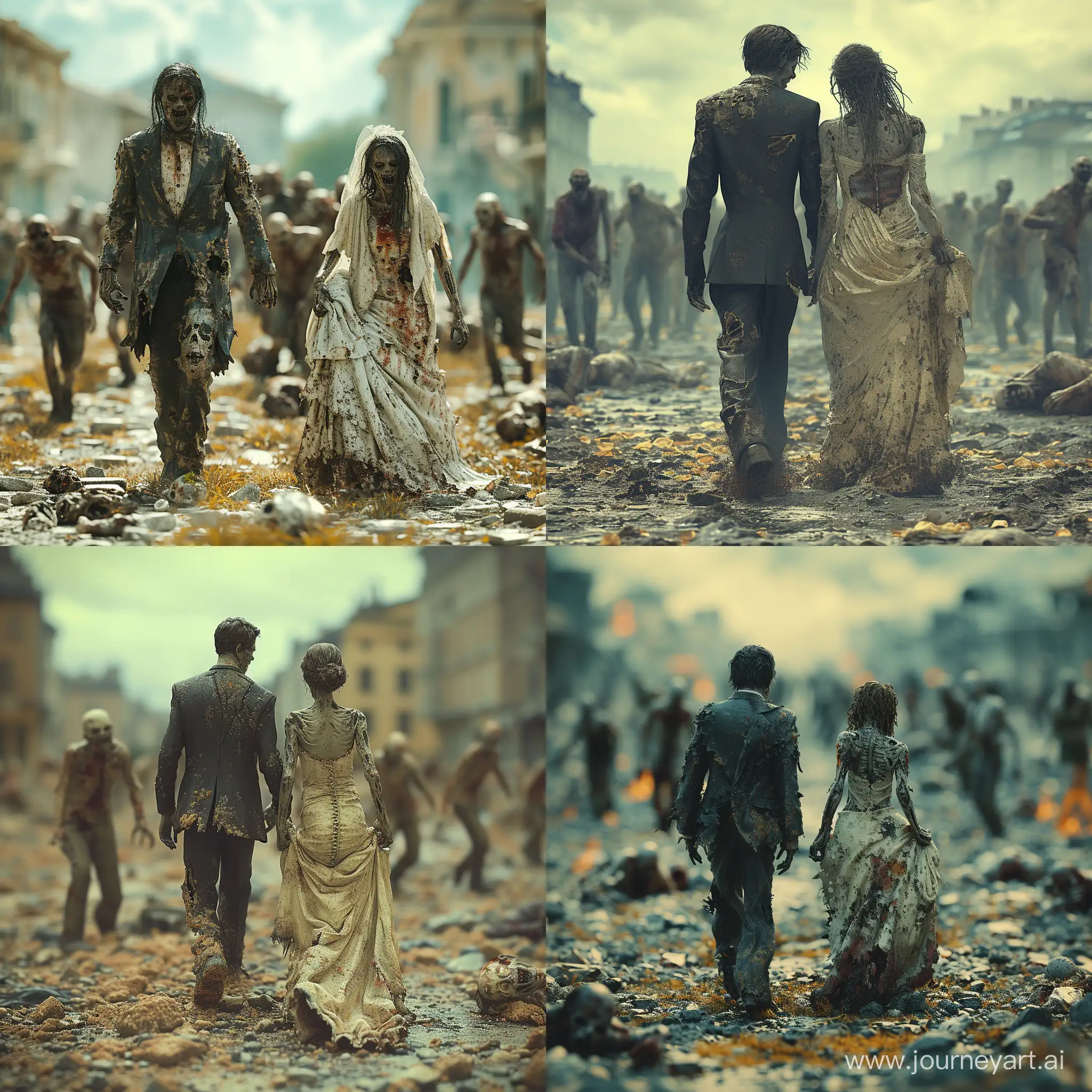 A epic realistic picture of Wedding A zombie groom wearing a torn tux walks with a zombie bride wearing a stained and torn wedding dress walking through a group of zombies in a chaotic old town. with blur in the background, accuracy, focus, and very details skin, --stylize 750 --v 6