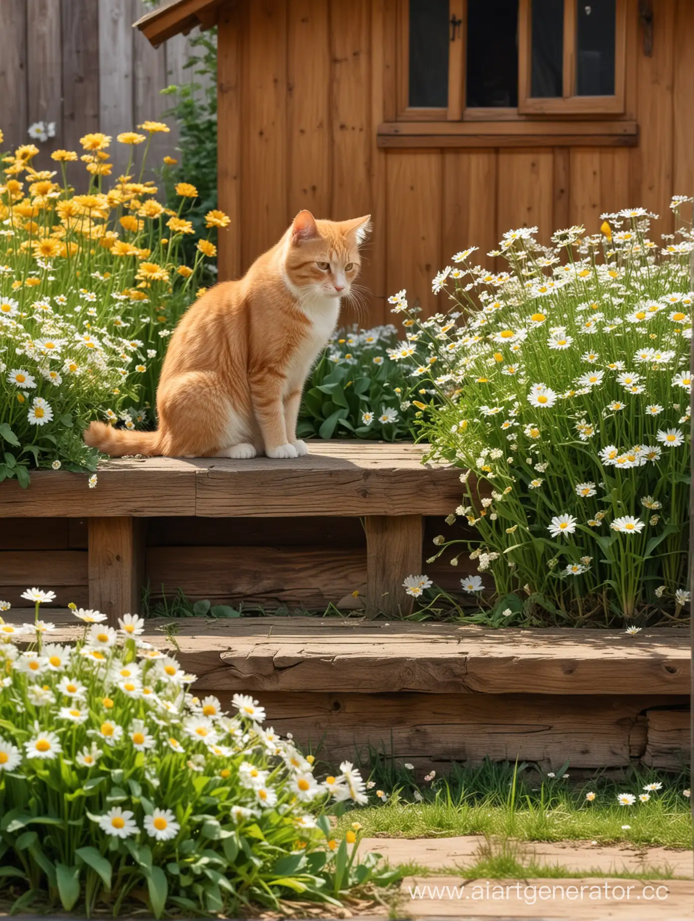 Маленький мальчик сидит на лавочке, рядом умывается рыжий кот, по бокам растут ромашки, далеко на фоне деревянный дом, фон сильно размыт, очень реалистично