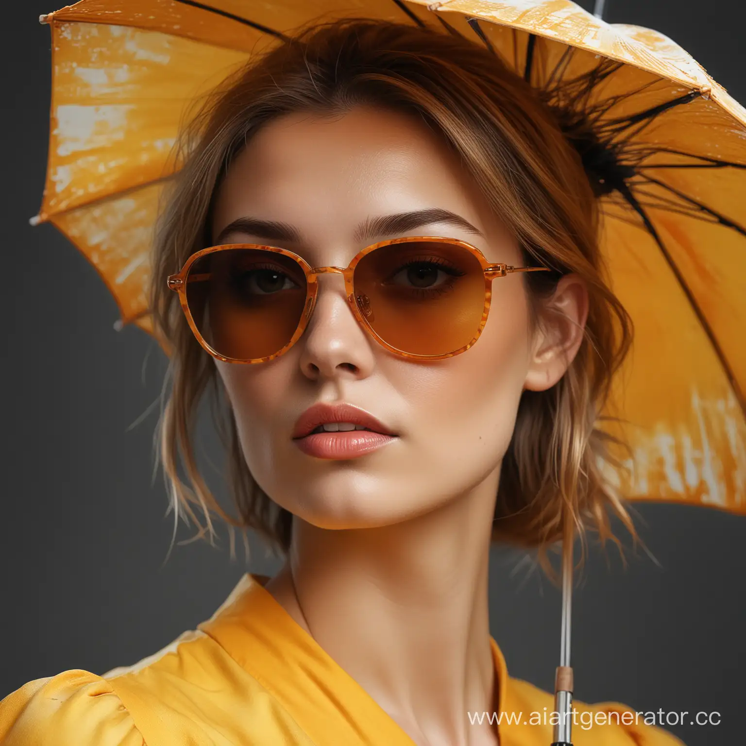 a extreme close up of a woman wearing sunglasses and a yellow dress , black and white and orange watercolor painting , woman with umbrella , in style of 3D illustration , amazing art uhd 4 k , by art of alessandro pautasso, oil painting , by andrei riabovitchev , self portrait made out of metal photorealistic sketchy highly detailed photography business stock, gothic illustration Close-up portrait, color portrait, Linkedin profile picture, professional portrait photography by Martin Schoeller, by Mark Mann, by Steve McCurry, bokeh, studio lighting, canon lens, shot on dslr, 64 megapixels, sharp focus