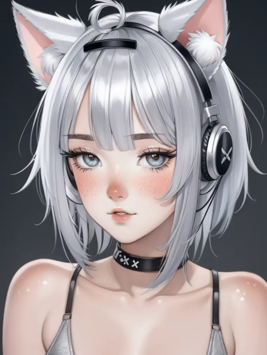 Seductive Woman with Silver Hair Freckles Blush and Cat Ears Posing Sensually