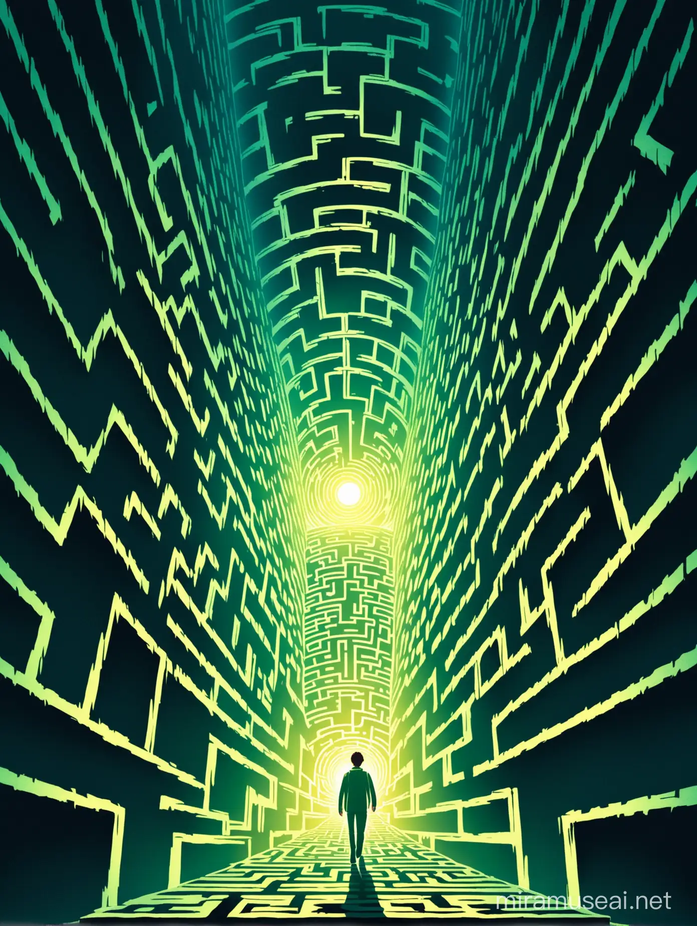 a person navigating a maze, surrounded by twisting pathways and towering walls, In the background, there's a faint glow emanating from a distant exit, 