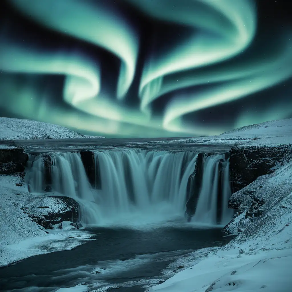 realistic, aurora borealis waterfall