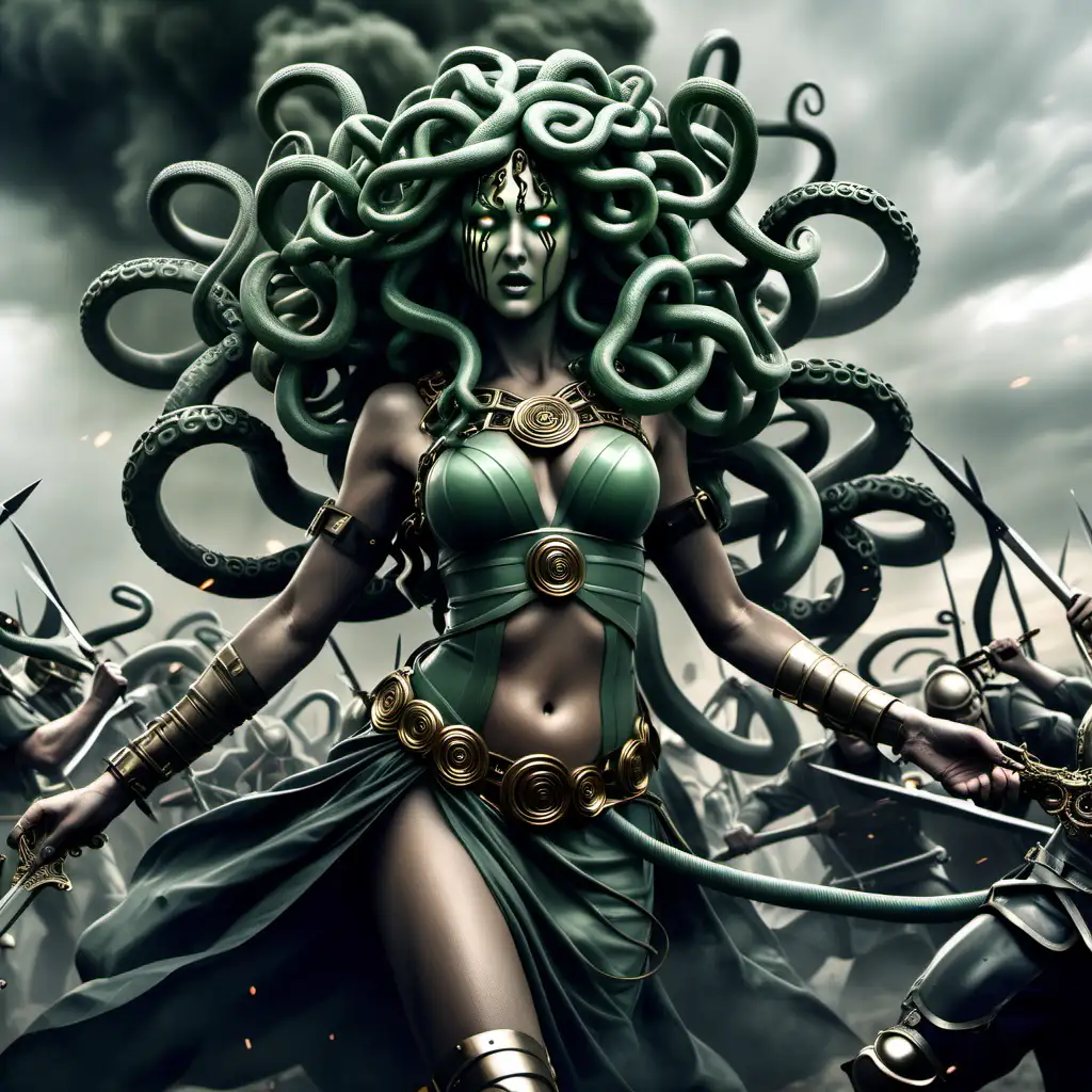 a beatiful medusa in a battlefield