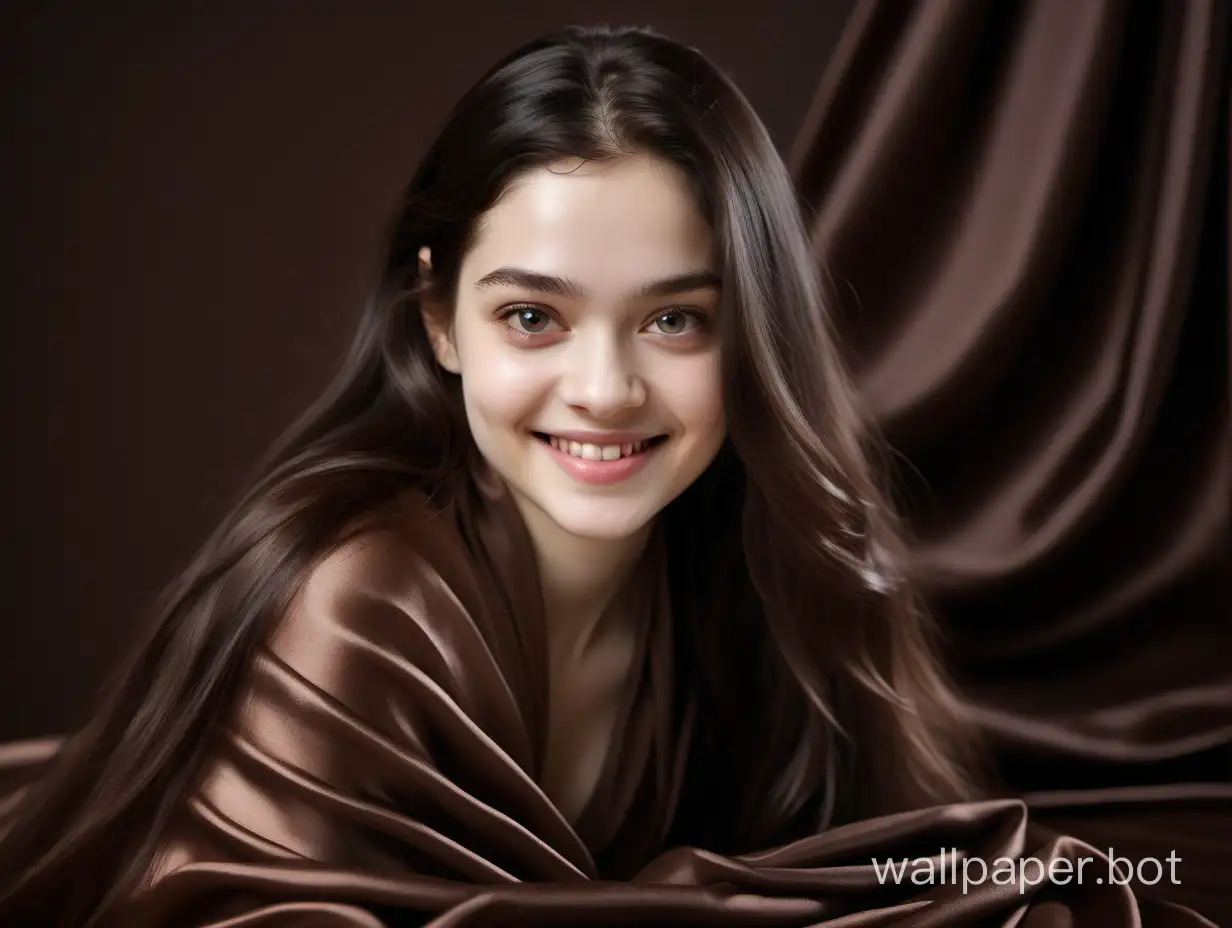angelically smiling Yevgenia Medvedeva with long straight silky hair under luxury silk chocolate blanket
