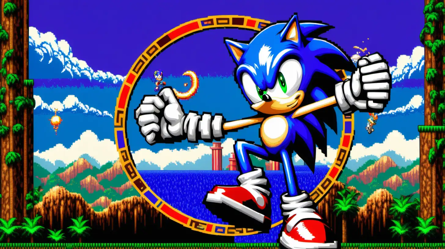 Generate a vivid, nostalgic scene of Old school Sonic in a Sega game play still, featuring pixel art graphics reminiscent of the 16-bit era. Sonic is mid-jump, with a vibrant, colorful background bursting with rings and iconic elements from the game. Add a touch of motion blur to emphasize Sonic's speed. Render the image in a horizontal orientation to capture the classic gaming experience. 