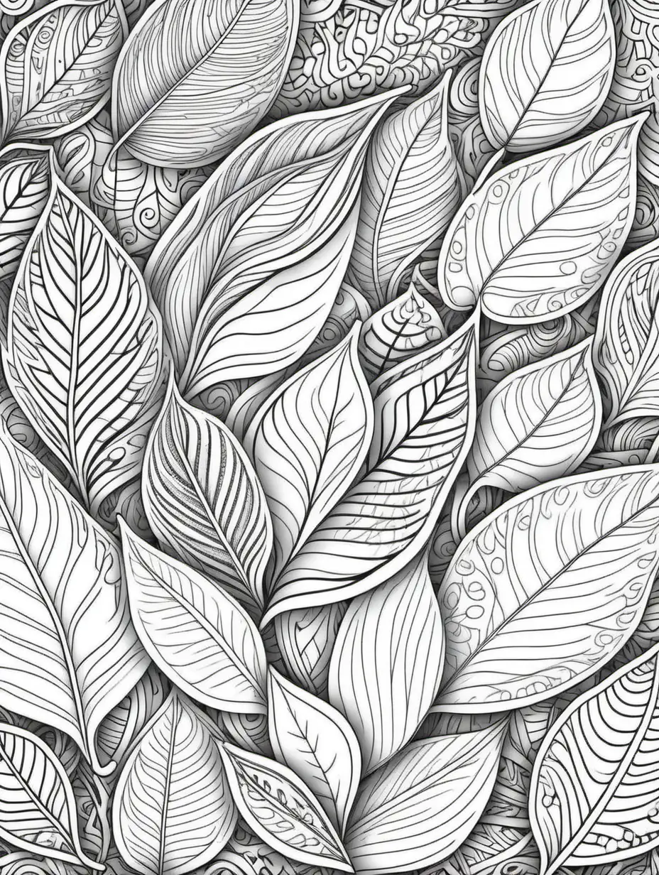 leaves, doodle background, black and white, coloring book page, clean line art