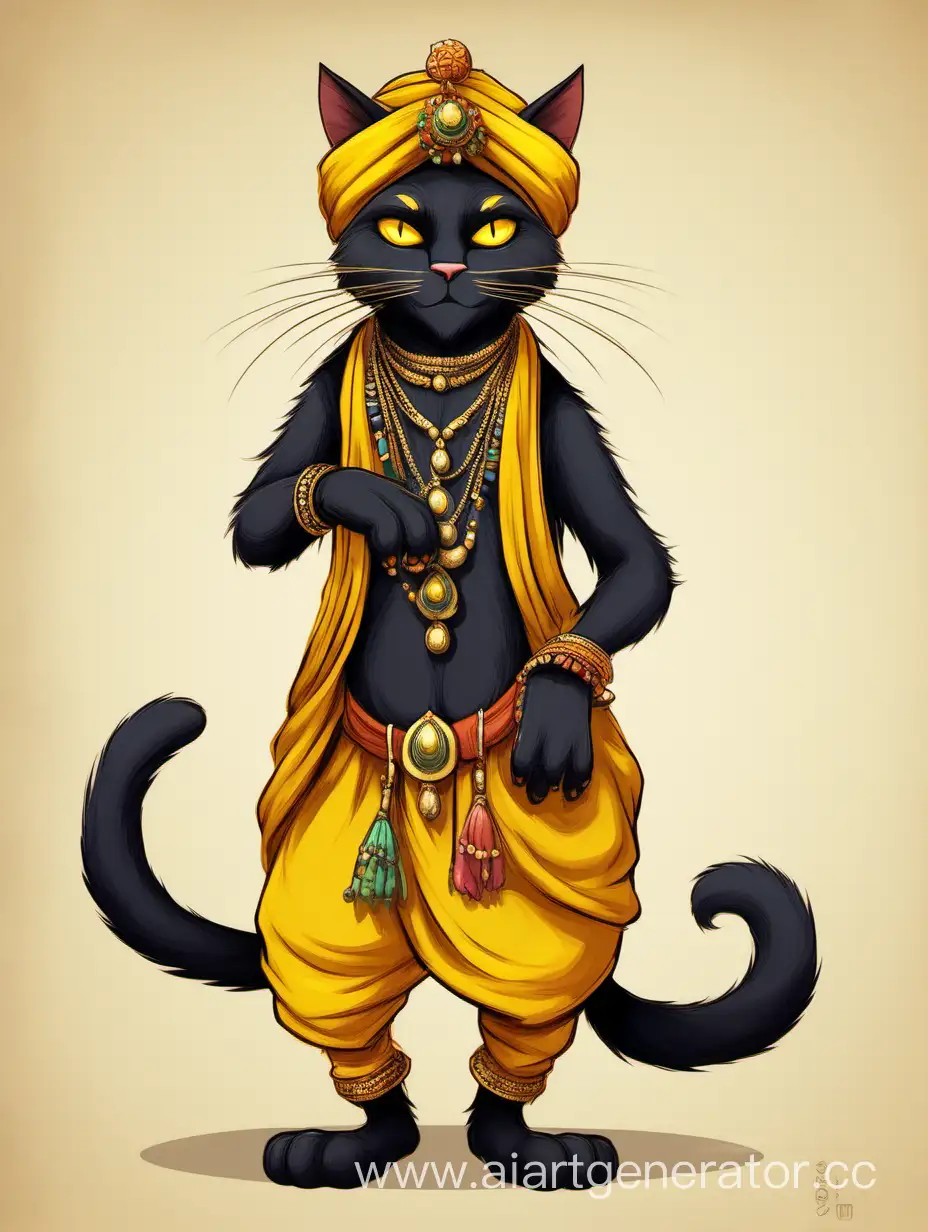 Anthropomorphic black cat merchant, in an Indian turban and Indian pants, with decorations on its paws and a bushy tail, yellow eyes