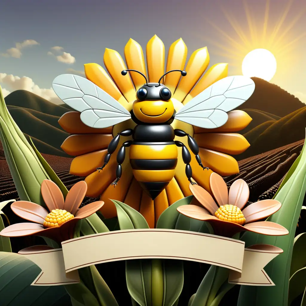 Icon Style huge bee in a flower, depiction of tropical hills in the background with sunrise. Corn plants, coffee plants with Cherrys and an empty banner in the lower part of the composition. 