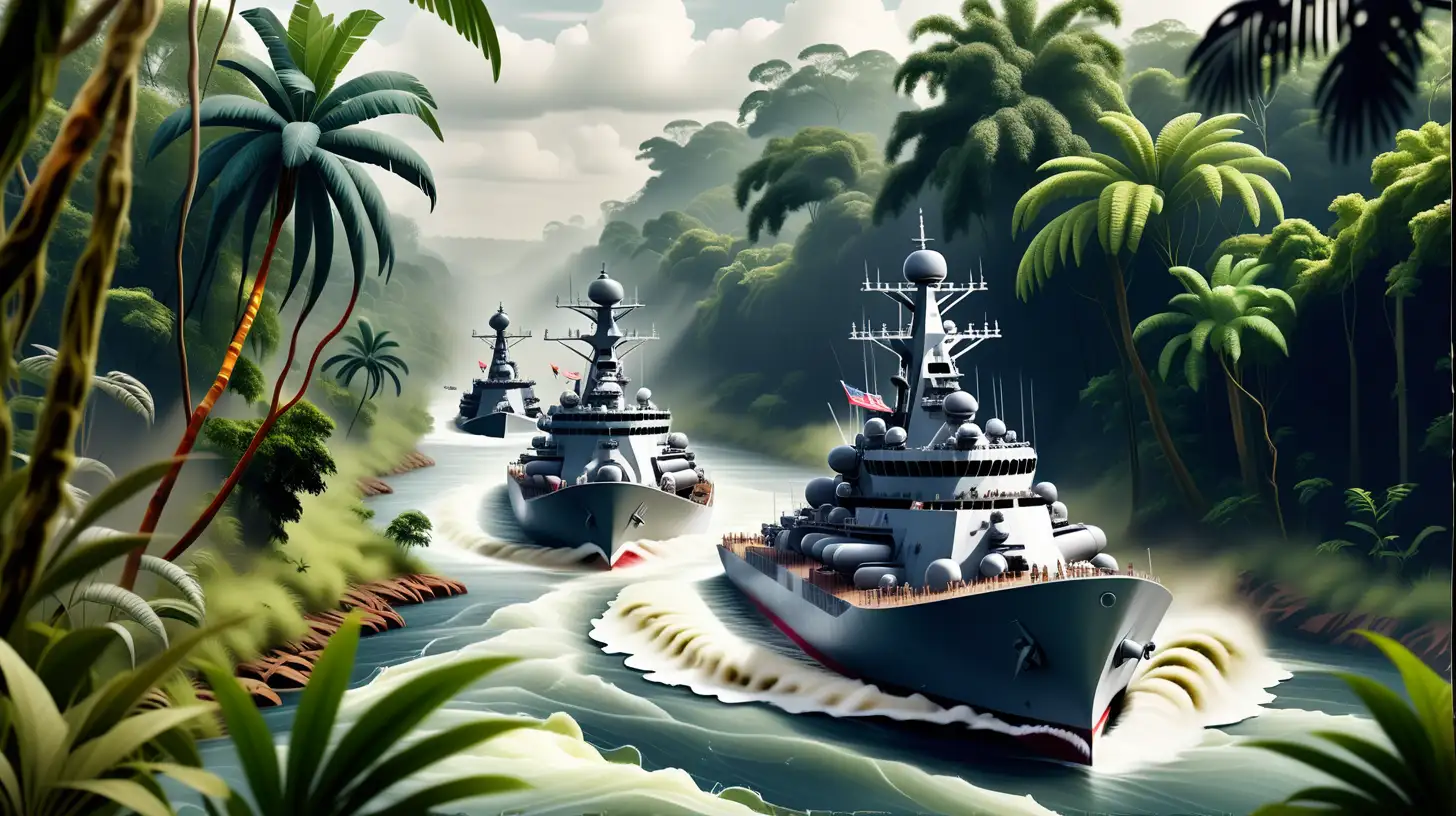 create a picture where there is a wide attractive and wild river in a tropical jungle, armed warships are sailing on armed warships