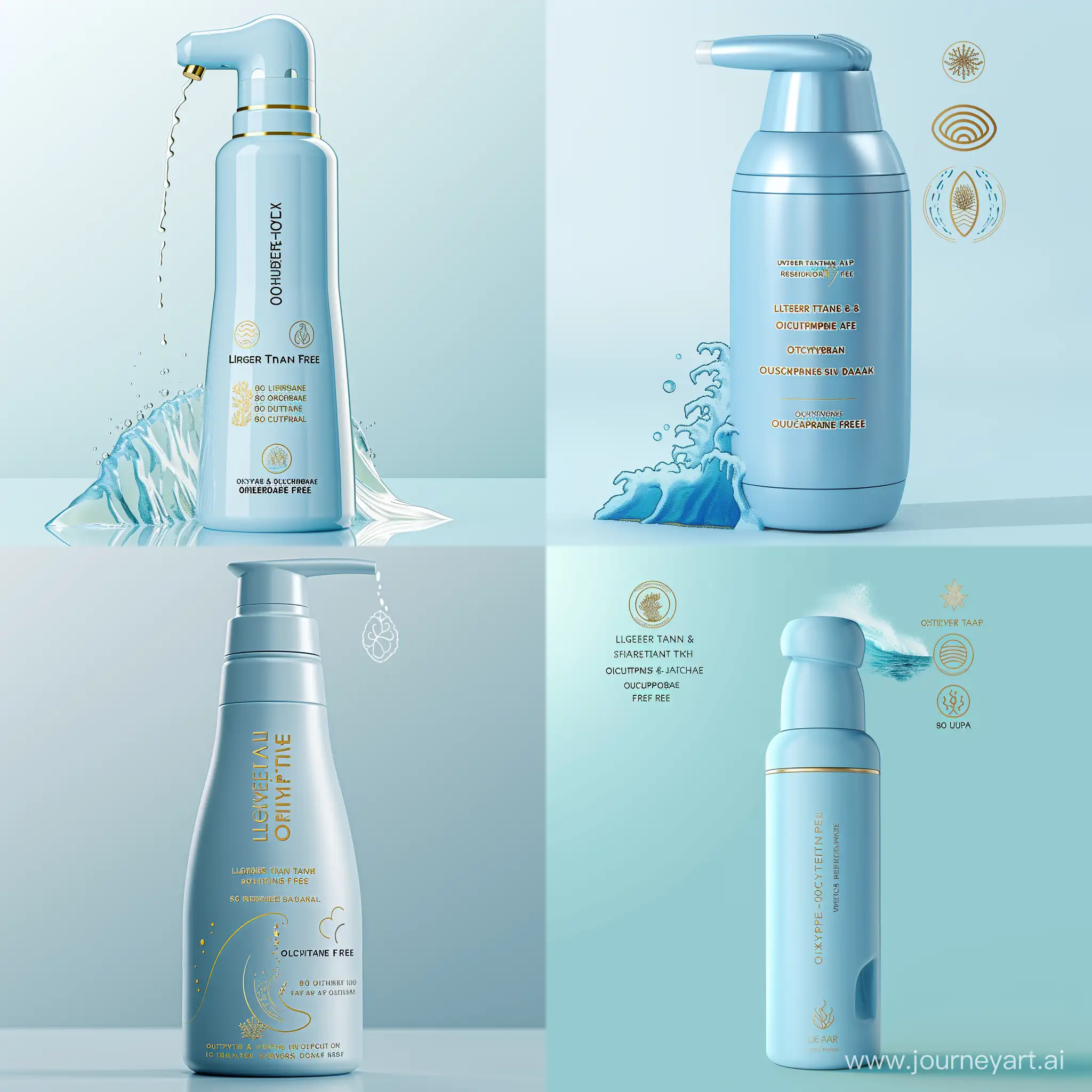 imagine a sleek, baby blue bottle. The bottle should have a dispenser. It should look luxury. The labels on the bottle  should be "Lighter-Than-Air" , "Water-Resistant (80 minutes)", "Oxybenzone & Octinoxate free."  I want it to be written in gold color. Additionally, include symbols representing the product being eco-friendly, cruelty-free, and vegan attributes. Also add a small image of a wave and a coral reef