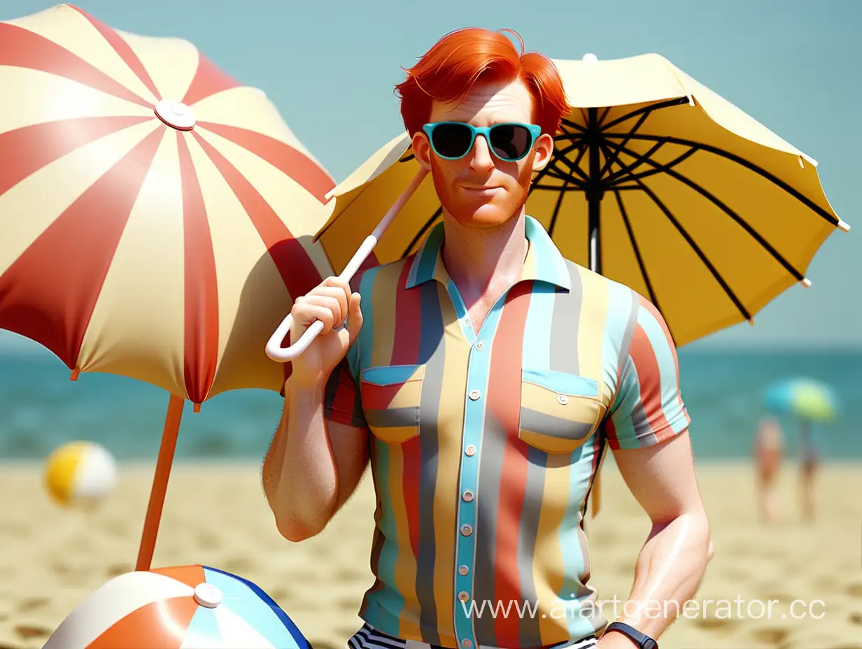 Рыжый мужчина взрослый, в тельняшке и в солнцезащитных очках, держит в руках плавательный круг и пляжный зонт