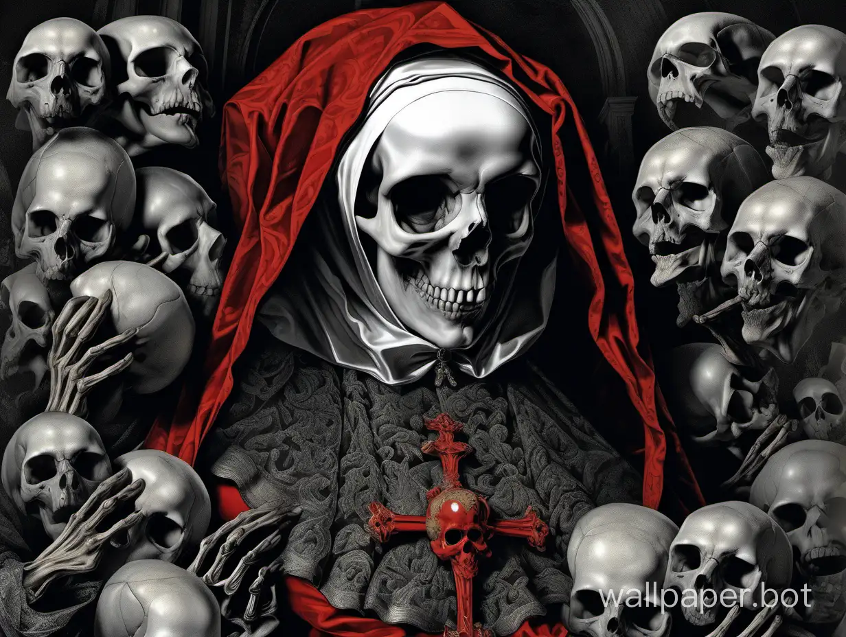 skull nun,  crazy skull , assimetrical, Peter paul rubens  poster, hiperdetailed, black,gray, red