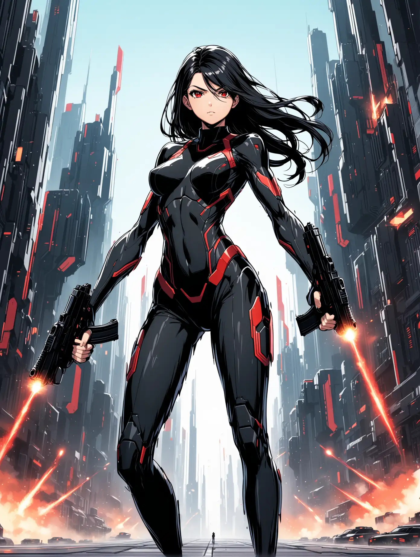sexy fit 24 year old hero girl, long black hair, red eyes, firing handguns in each hand in futuristic town, super skinny, toned body, wearing a form-fitting black stealth suit, adorned with subtle black armor plating, red black white 3 color minimal design
