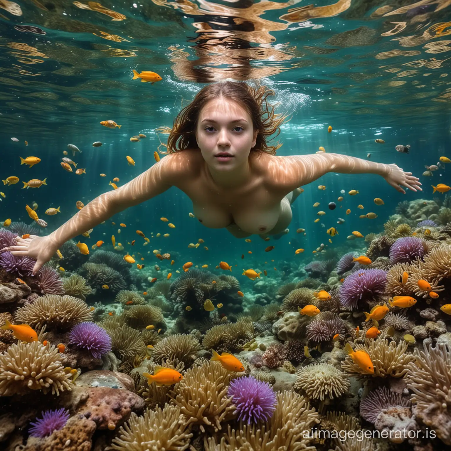 A very beautiful naked girl, Chubby, swimming underwater in the middle of many tropical fish of different colors, the photo is underwater, sea anemones, algae, sea urchins 