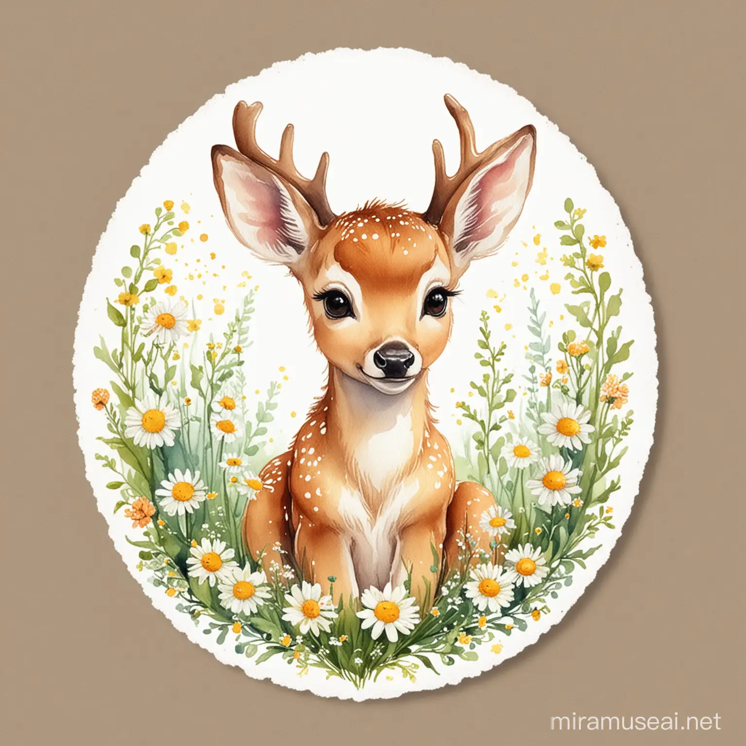 A higher quality watercolor illustration sticker of deer baby , daisy flowers in around , in sitting position,  watercolor painting style format 