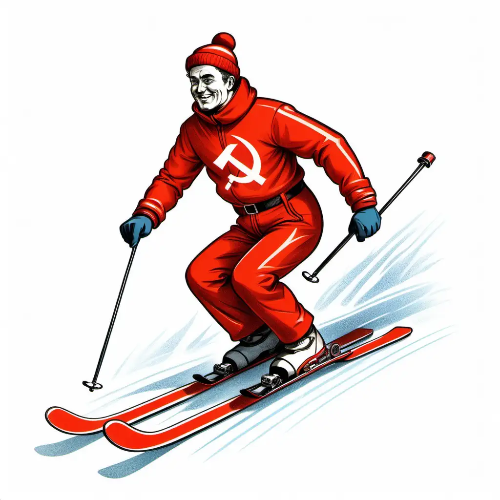 нарисуй мне парня на лыжах в стиле ссср и чтобы все было на белом фоне