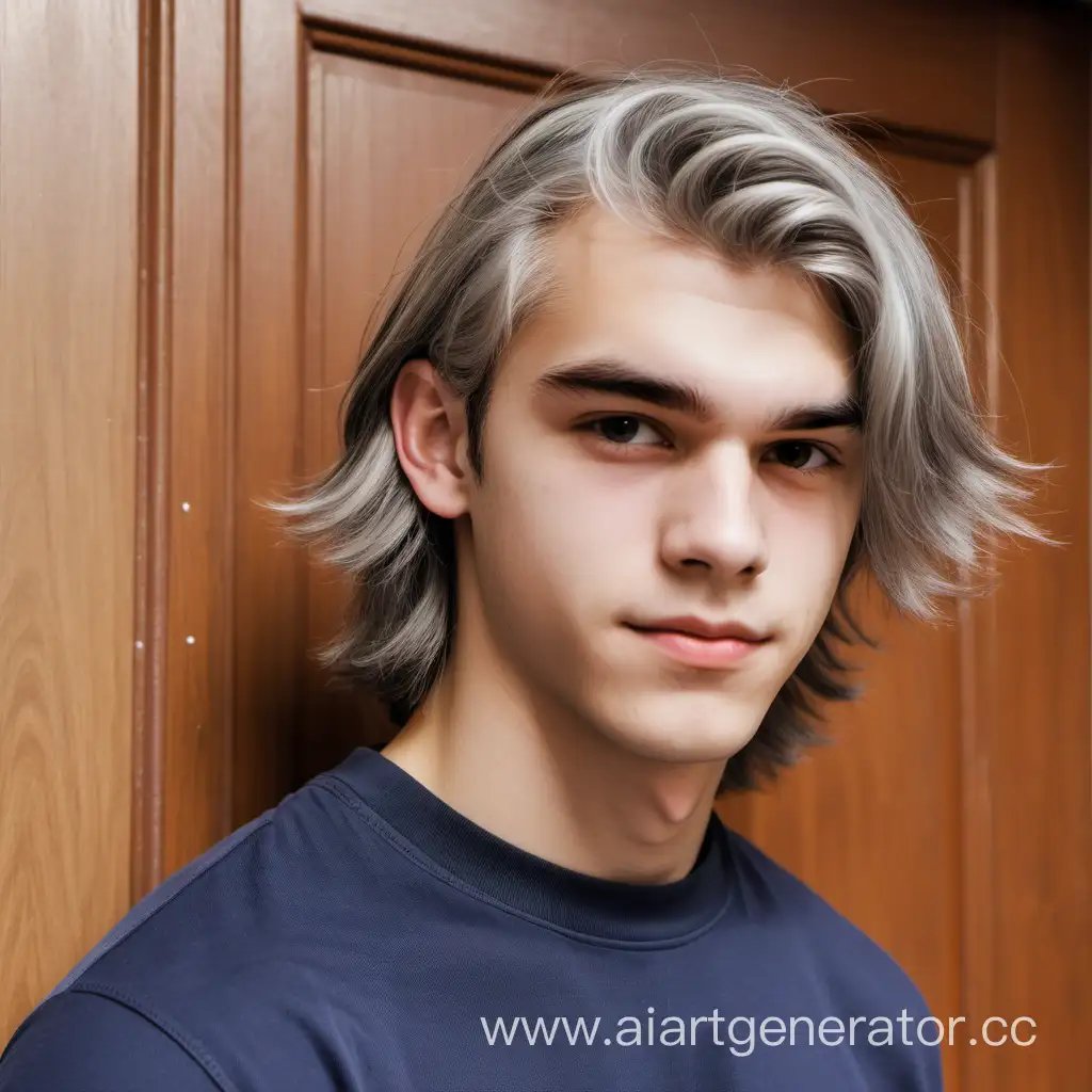 Stylish-Teen-with-Gray-Hair-Against-Apartment-Door