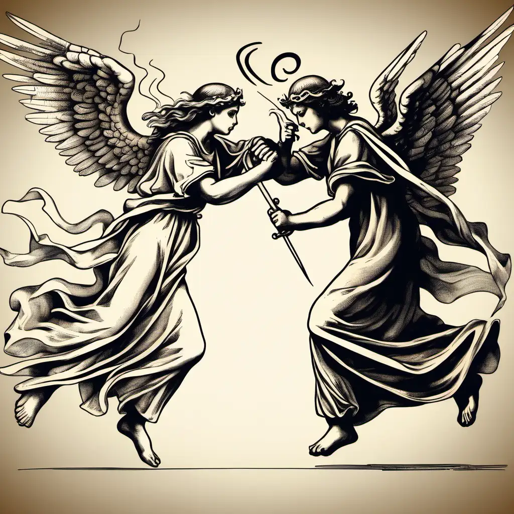 hand drawing of a good angel and a bad angel fighting each other
