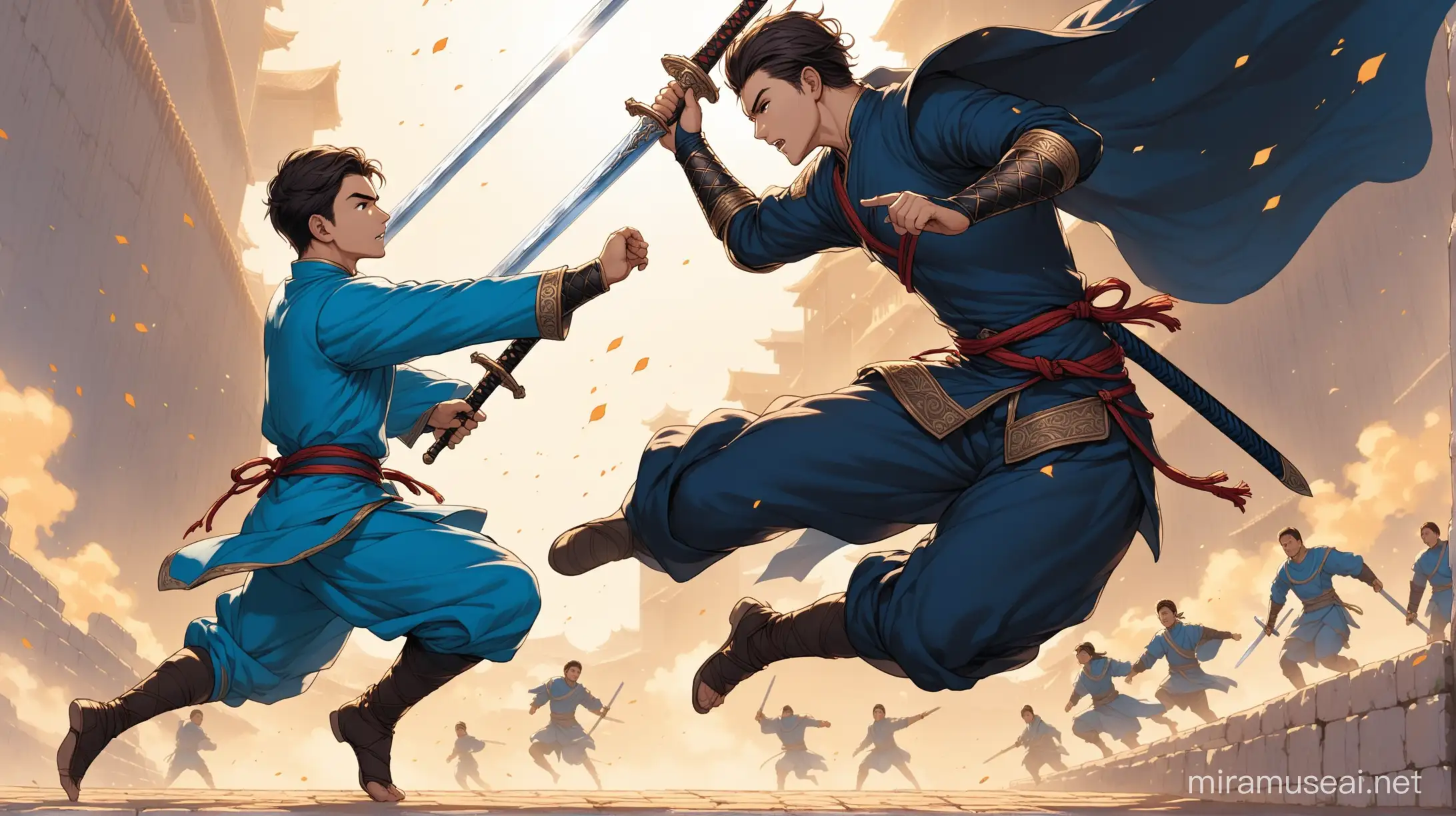 The young warrior in blue clothes jumped with his sword towards the black clothed man