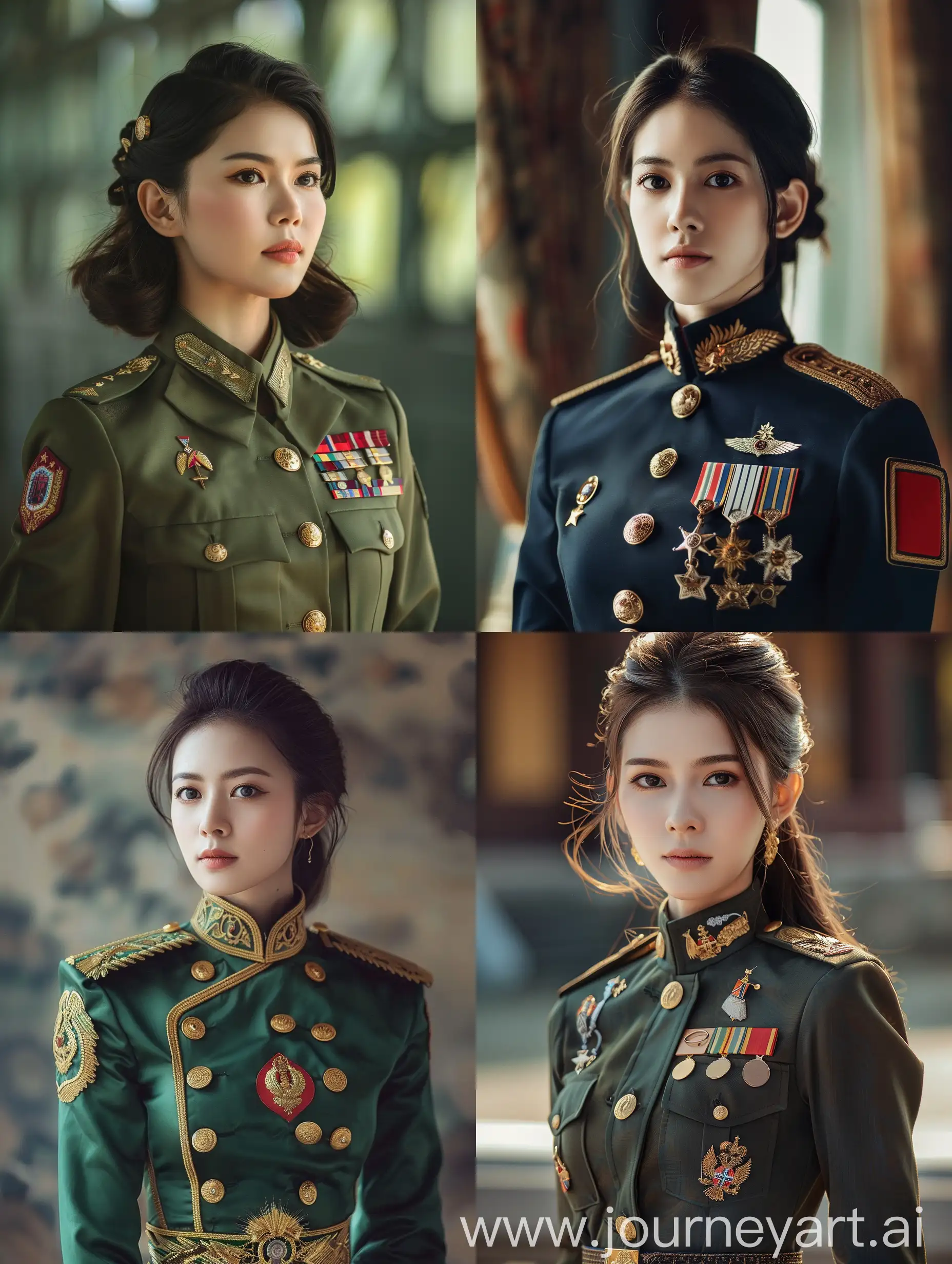 A beautiful asian woman in a renesaince military uniform, photo, full body, composition