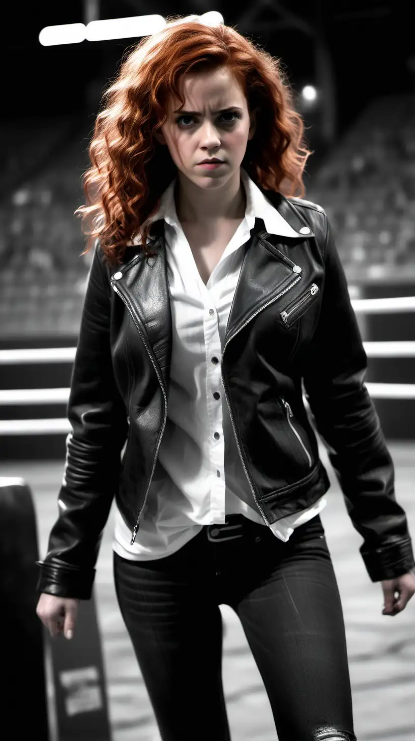 sin city style, black and white, a grown-up Hermione Granger , red bushy hair, dressed in black leather jacket, white shirt and black jeans, standing on arena, concentrated, hyper-realistic