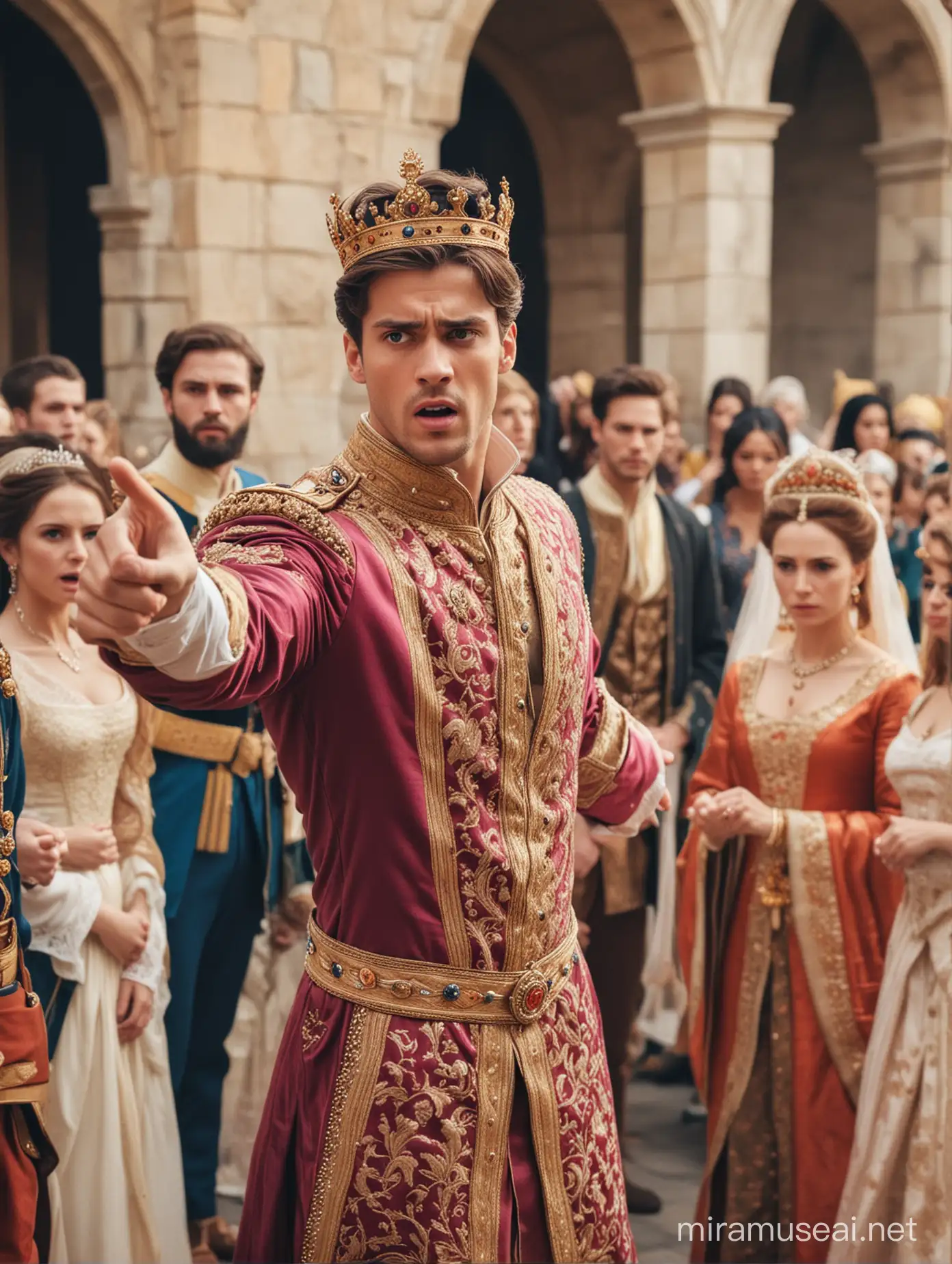 A handsome young man in a royal apparel pointing angrily at someone, with people around him and his scared wife