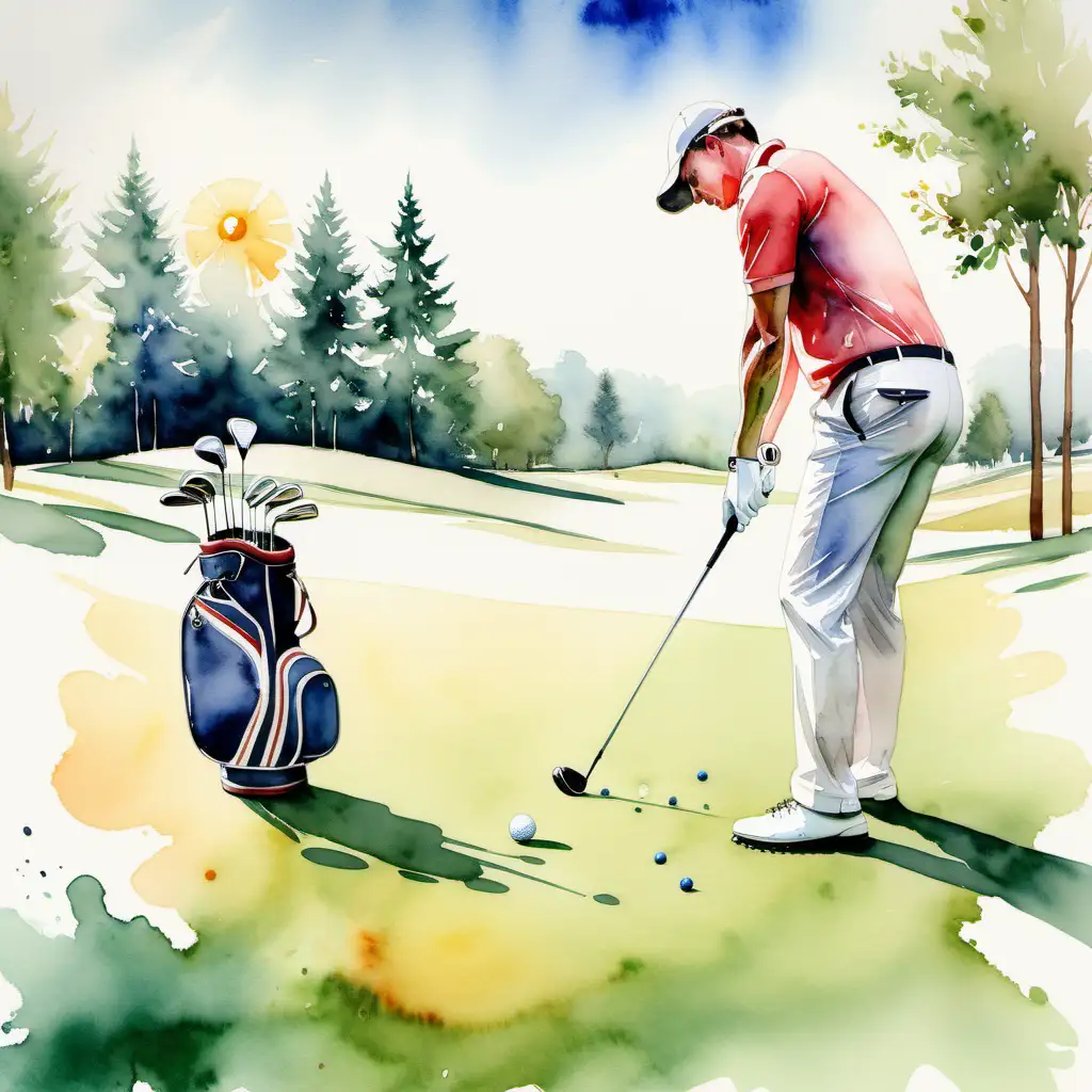 Golfer Swinging on the Green Vibrant Watercolor Golfing Scene