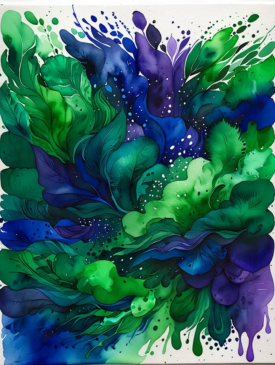 Vibrant Watercolor Painting with Royal Blue Kelly Green Purple and Teal Hues