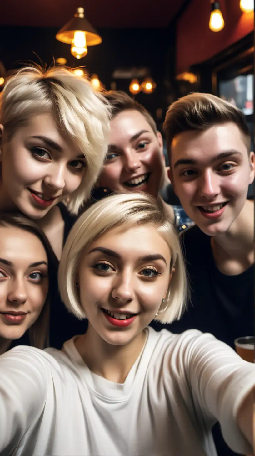 Blonde Girl Taking Selfie with Friends in Vibrant Pub Atmosphere