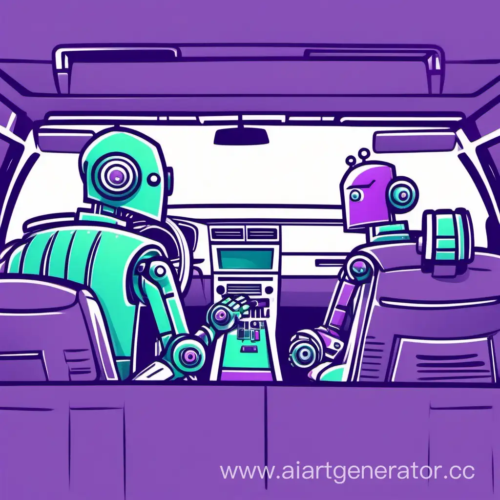 нарисуй как в салоне машины за рулем сидит робот, а рядом сидит человек и подсказывает роботу как правильно ехать. в минимализме, в стиле для презентации. в фиолетовых, зеленых и синих цветах.