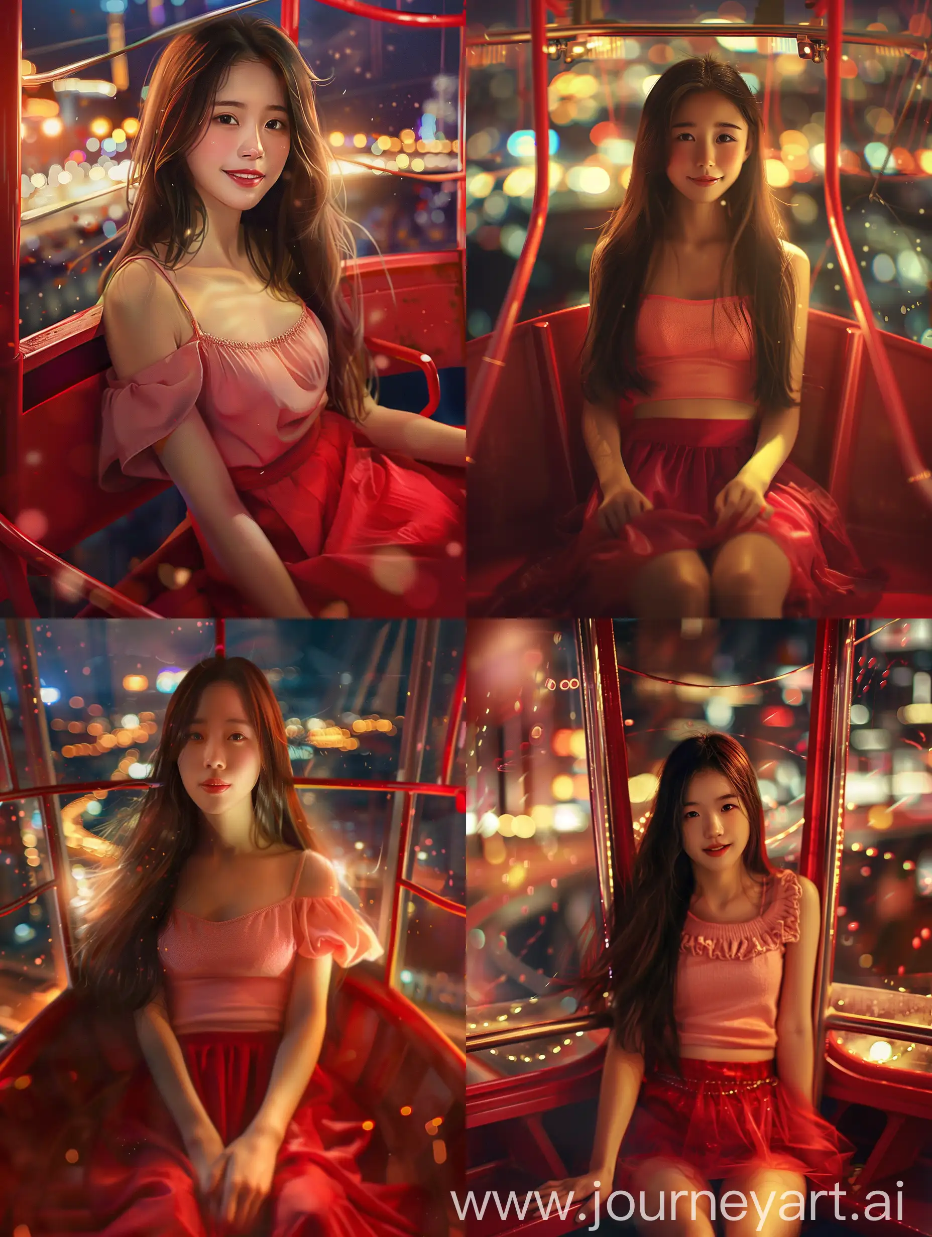  {"prompt":"An Asian girl with characteristic features is sitting indoors on a red ferry-like seat. She's wearing a pink top and a red skirt, her long hair cascading down her shoulders, looking happy. The background is a blurred night scene, possibly seen through a window with city lights, creating a warm and joyful atmosphere. The setting should appear authentic and lifelike.","size":"1024x1024"}
