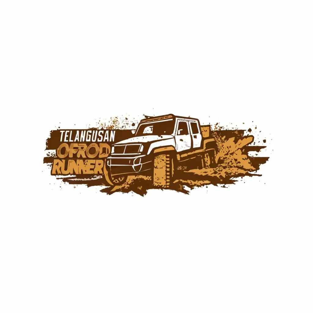 a logo design, with the text 'TELANGUSAN OFFROADRUNNER', main symbol: MUDDY WHITE LETTERING, SKID MARK, TYRE MARK, MUDDY ROAD, MUDDY TRUCK, MUDDY BACKGROUND, to be used in Automotive industry