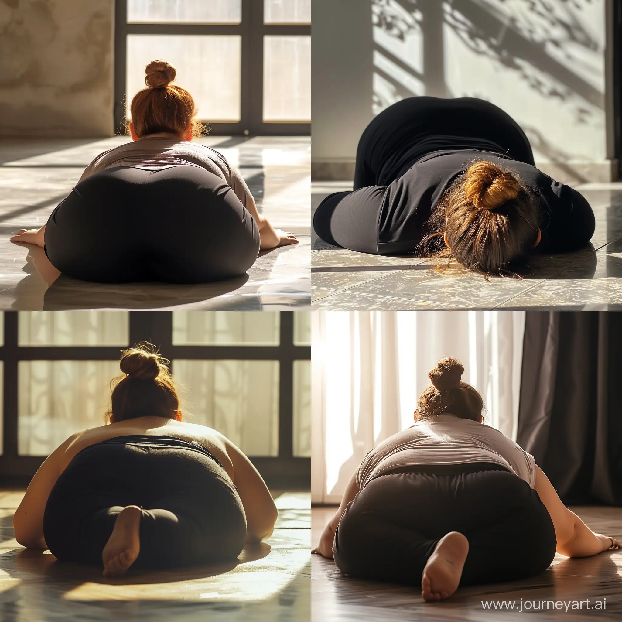 rear view, close up obese armenian girl, lies on floor, black pants, bun hair, photo realistic, sunny day