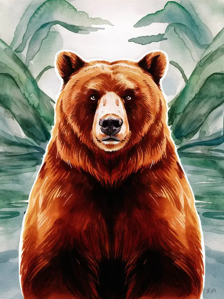 Stunning Watercolor Painting of a Brown Bear Facing Forward