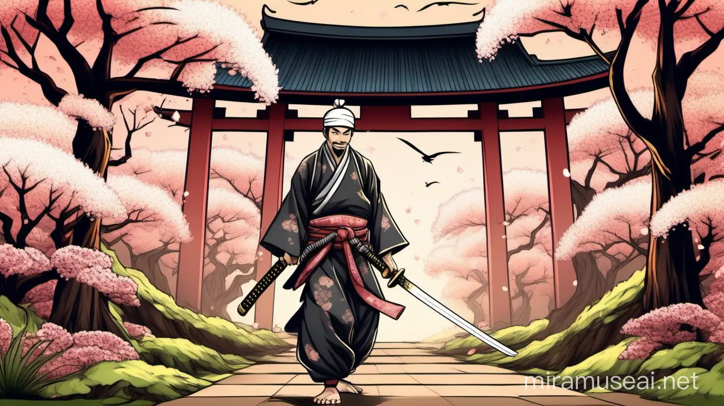 Islamic Samurai in Traditional Attire Swinging Sword Amidst Japanese Cherry Blossoms