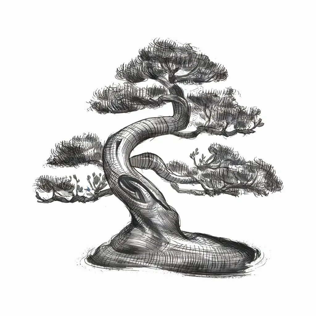 crosshatched bonsai tree art, black and white tattoo