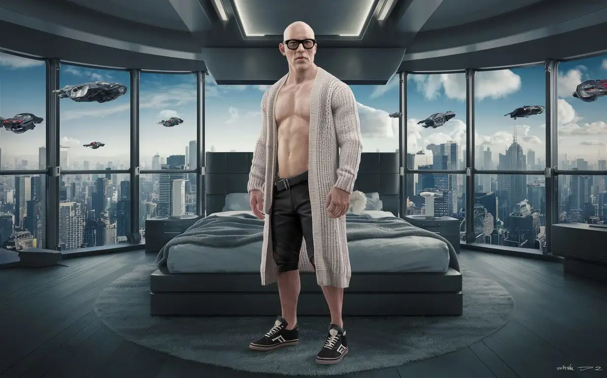 a white bald man with thick black glasses, wearing a long white cardigan, short pod pants in black and sneakers of Rick Owens in black, looking from a bedroom of an apartment of a high skyscraper on a city like in Blade Runner with flying cars. show full body. daytime. very detailed.