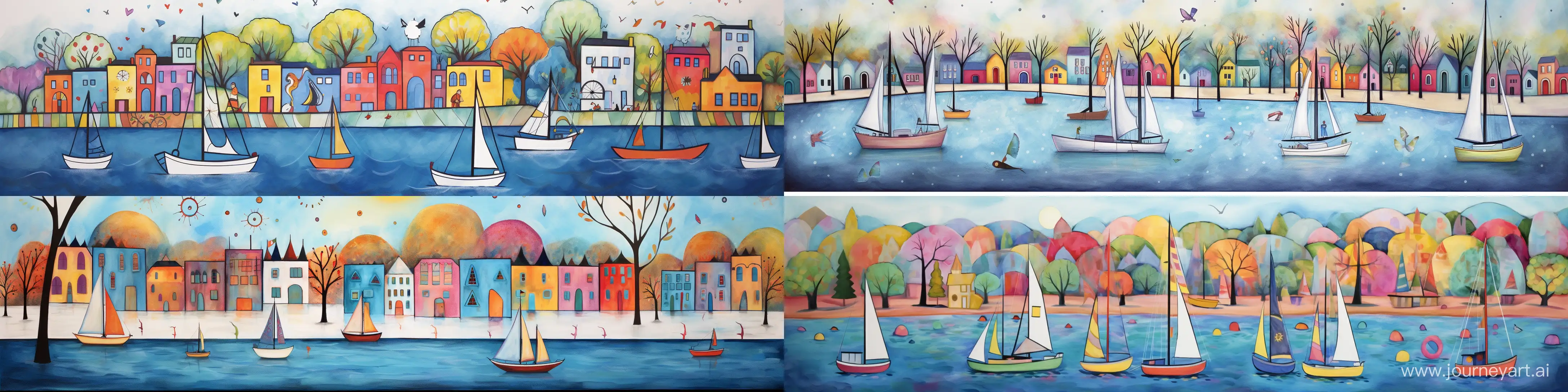 Karla Gerard art style mixed with Ioish and watercolor art style, a port where colorful sailboats dock, 16k resolution, ultra detailed, cool pastel colors, clean lines, soft illustration, fine art, fusion with rural art style. --ar 4:1 --v 5.2