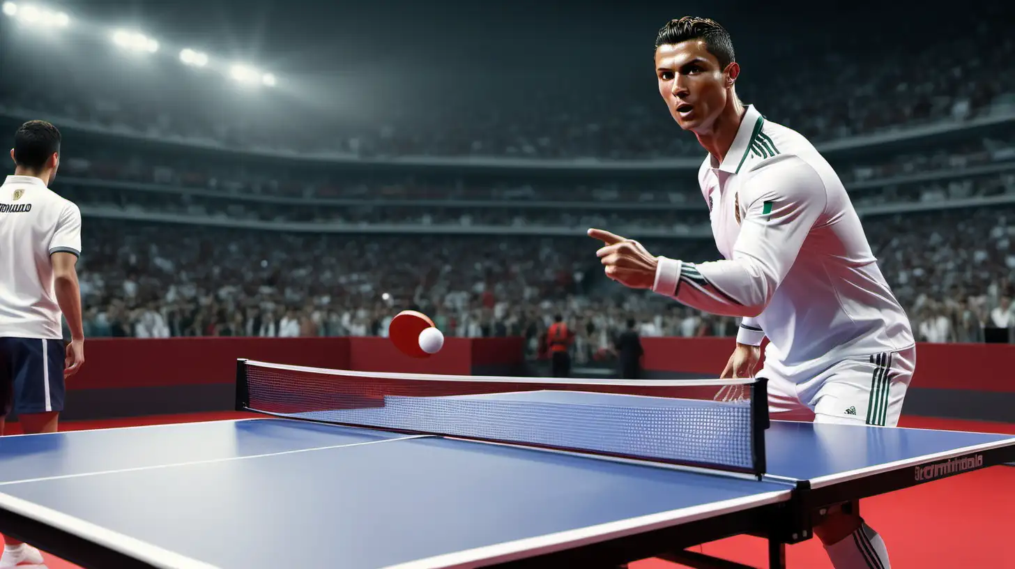 Full body, Cristiano Ronaldo is playing table tennis olwith other players, fans watching, realistic, ar 2: 1 --v 5