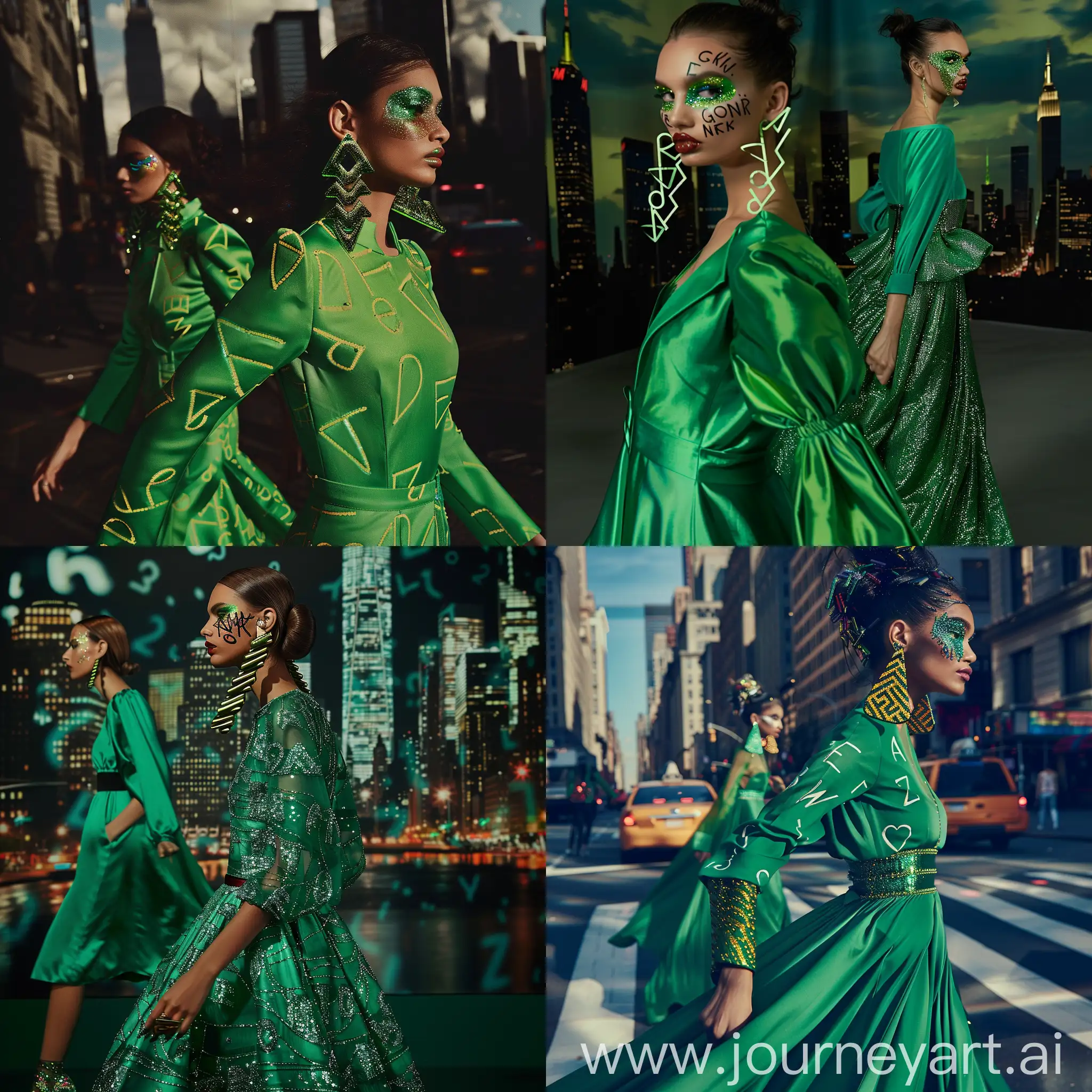 crea foto di modelle che sfilano in abiti eleganti verdi, con lettere disegnate sopra, trucco  brillantinato, orecchini immensi di plastica a zig zag, sfondo New York, foto realistica, alta definizione, alta qualità