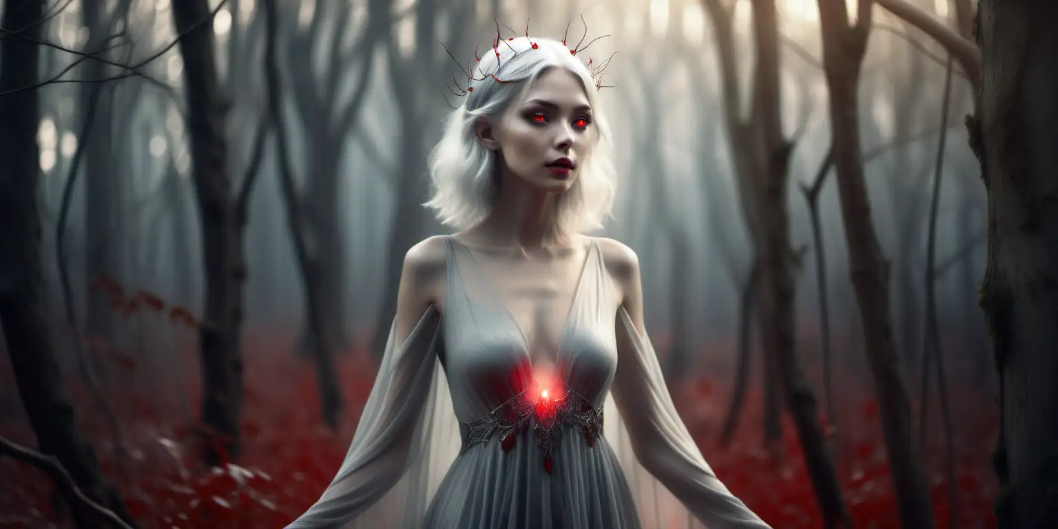 soft light, cinematic render of an enchanting goddess with a slender figure and red eyes and silver hair, sheer dress, enchanted forest, surrealism, romanticism, historical background, emotional storytelling