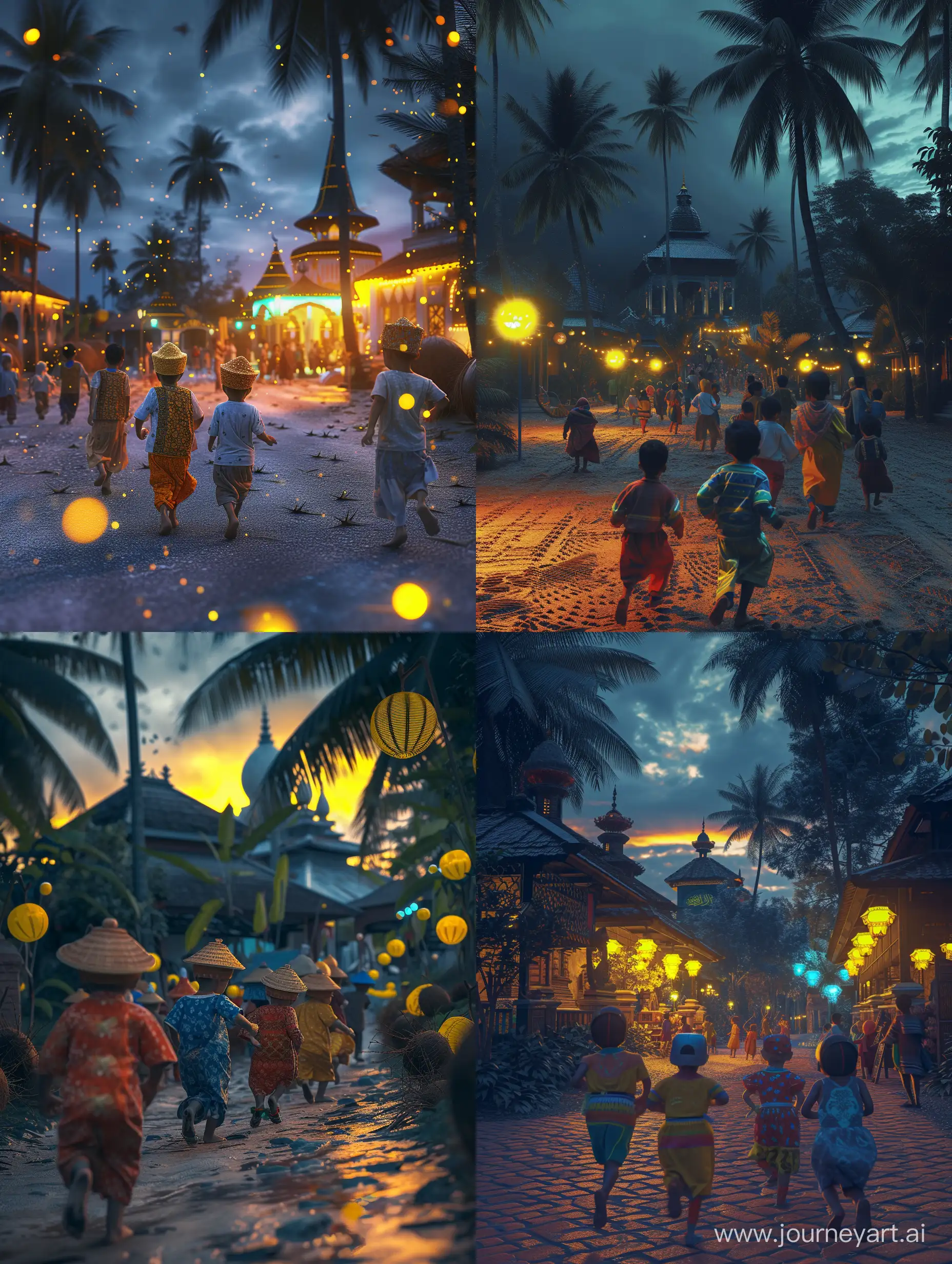 ultra realistic, a group of children wearing malay clothes and wearing songkok ran towards the mosque. Morning atmosphere in the village. there are coconut trees. yellow and blue lights. a dark morning sky with a few rays of sunrise. canon eos-id x mark iii dslr --v 6.0