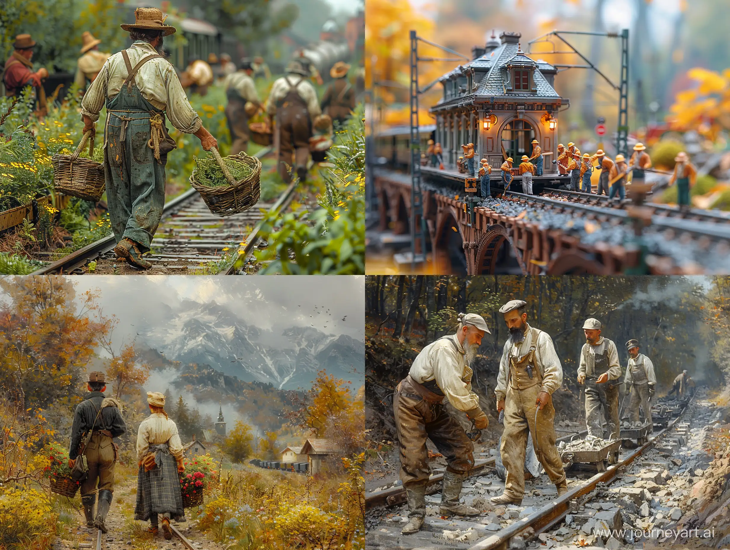 realistic Railway workers in 1845 doing their daily work on the railway in normal conditions, with realistic and precise details in a beautiful and harmonious image with professional effects, background blur, precise details and creativity highly detailed --style raw --stylize 750