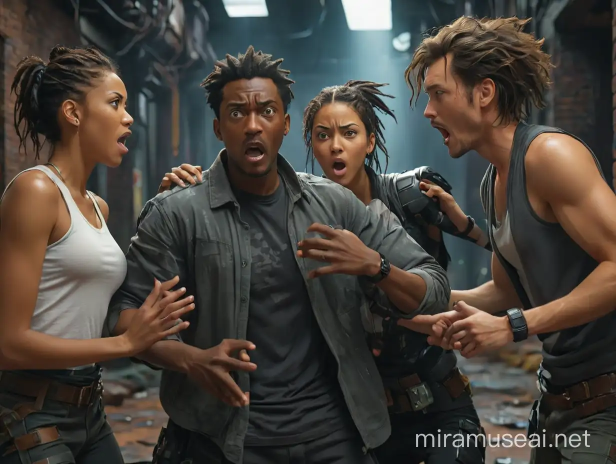 Three adults, two men and one woman , average age 30 , average race Caucasian and African American , the men are grabbing each other's shirts and appear to be in a heated argument , the woman in the middle looks shocked, background a room with cyberpunk metropolis futuristic brick texture 