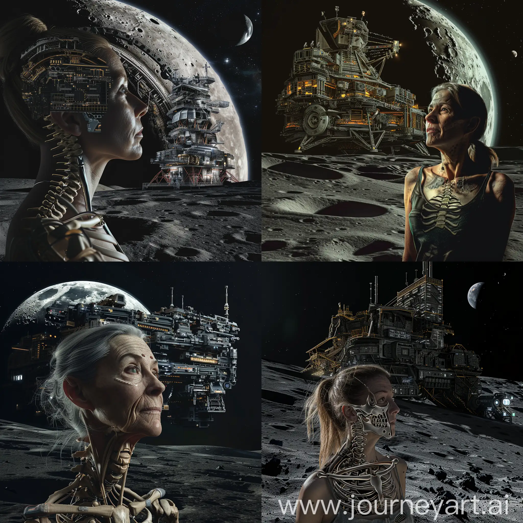 一个御姐，有部分可见的机械骨骼，背后有庞大的赛博朋克的空间站，地点是月球上，黑夜，很严峻的画风