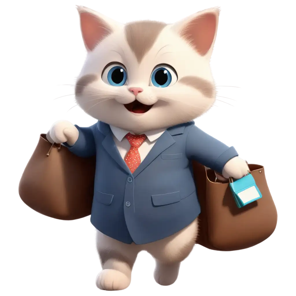 An illustration of a cute CAT baby, blue eyes, carries a bag for two with an elegant smile.
