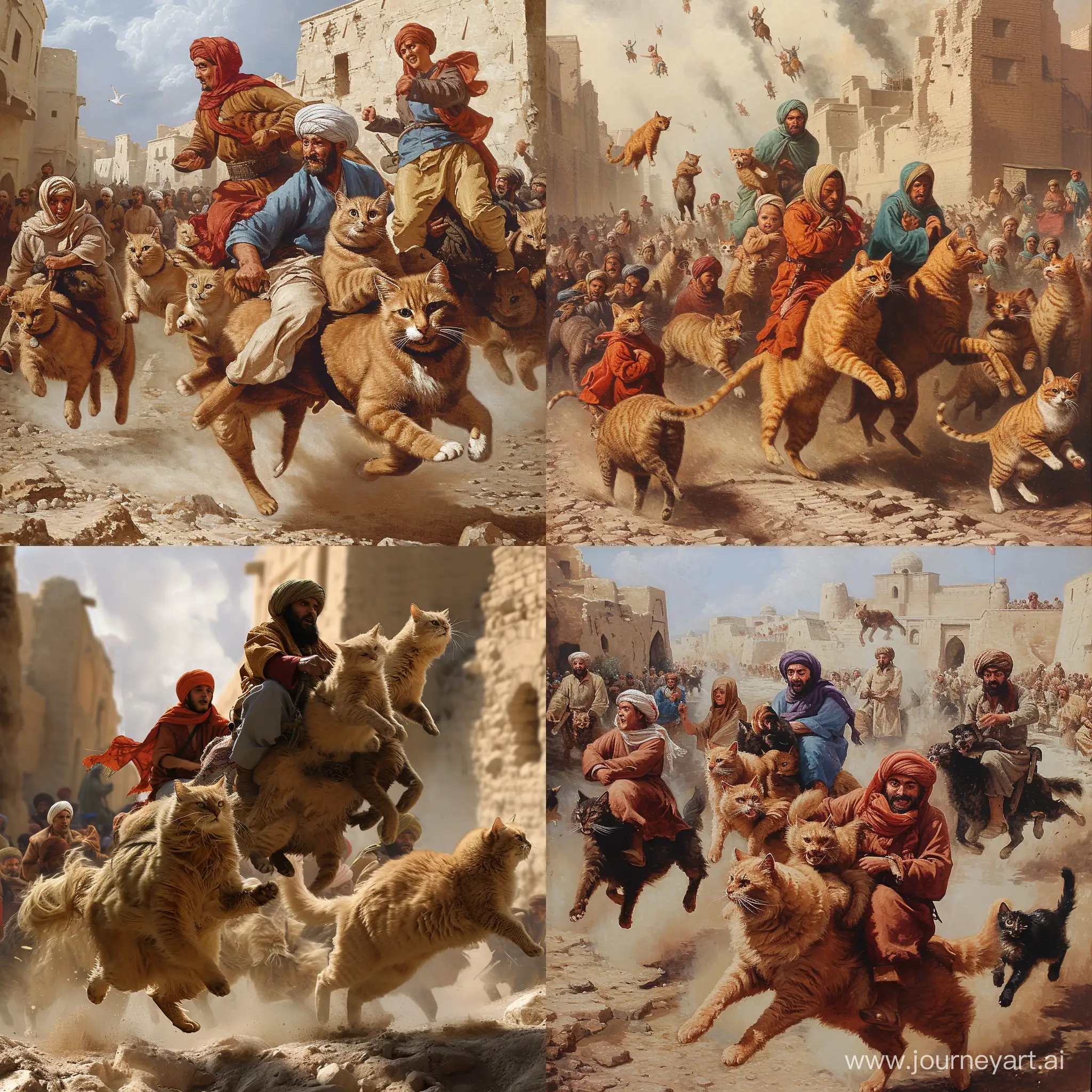 The people of the city of Bam in the Persian Empire are riding Persian cats and are running away from the invading soldiers
