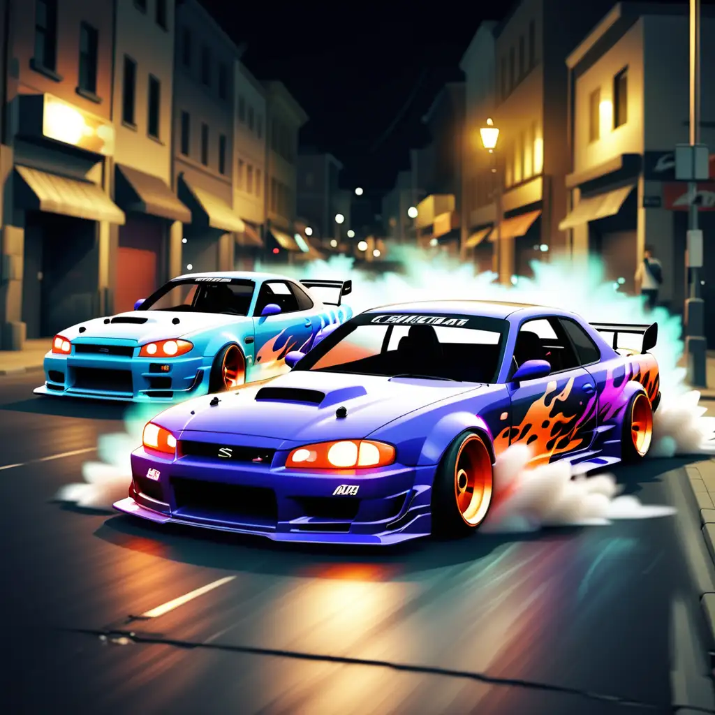 Create a picture of street drift cars drifting, in the streets at night, two cars